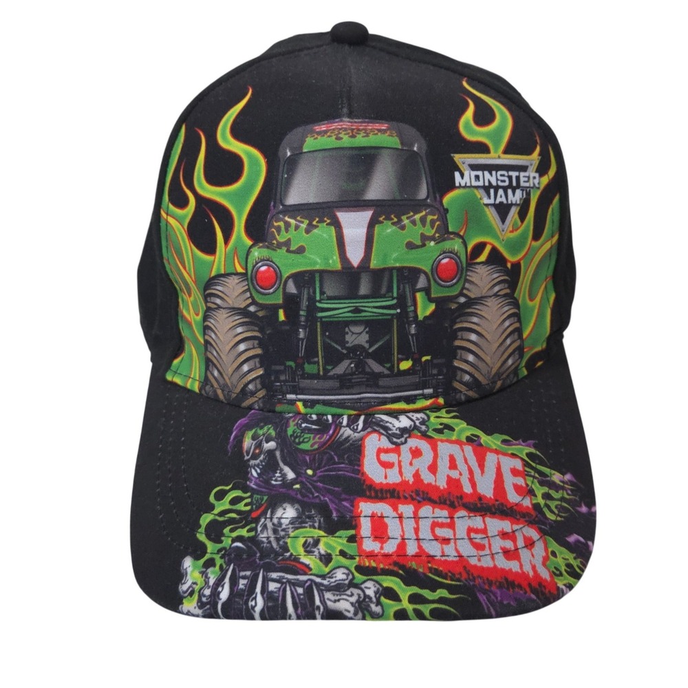 Monster Jam Grave Digger Snapback Hat Youth Cap Green Flames Graphic Black OSY